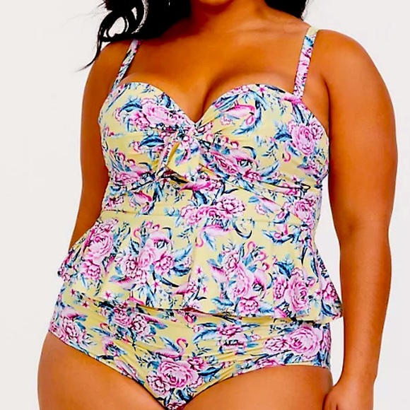 torrid Other - Torrid Yellow Flamingo Floral Tie Front Underwire Peplum Midkini Top